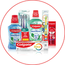„Colgate Zahnpflege-Set mit Zahnbürste, Zahnpasta, Mundspülung & Zahnseide – für tägliche Mundpflege. Link zu Colgate Markenseite/Alle Produkte.
